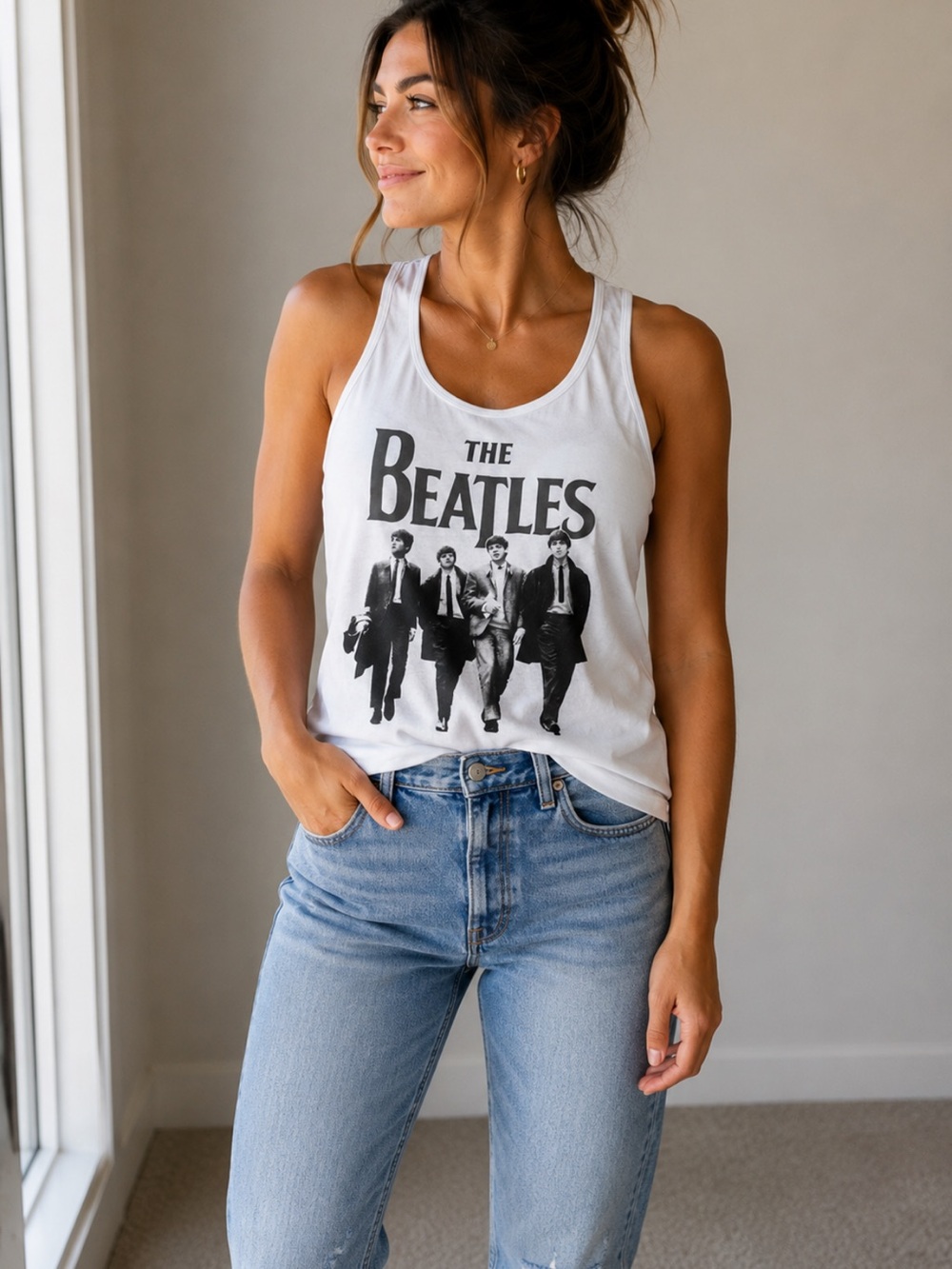 The Beatles Graphic Racerback Tank Top White Band Tee Women’s Large